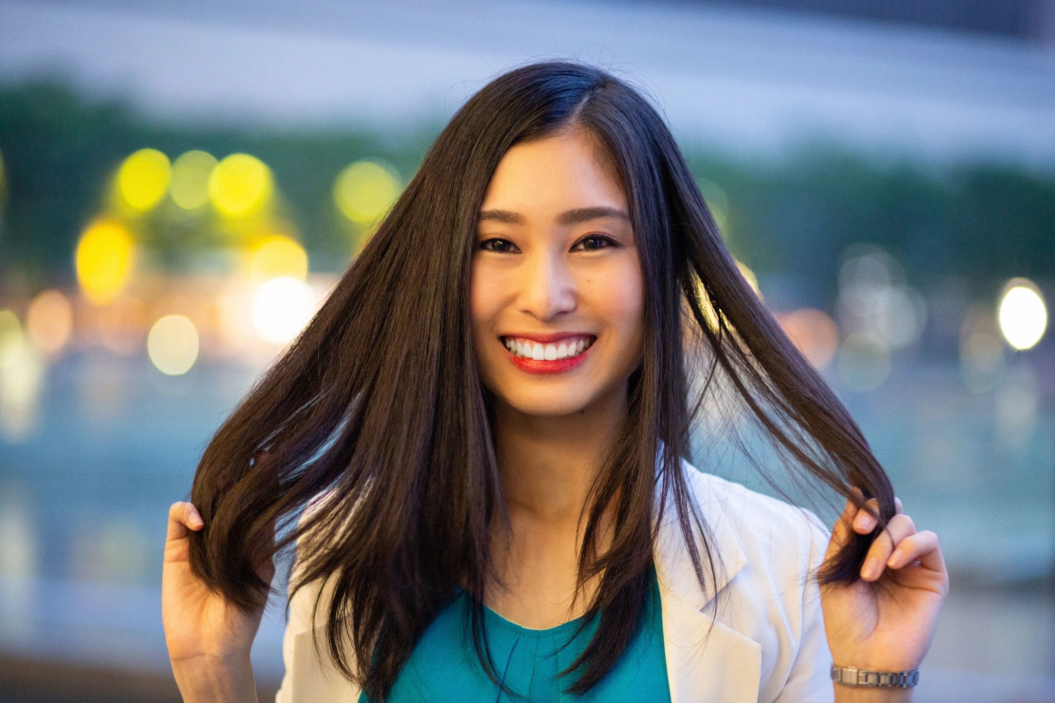 happy Asian woman hair